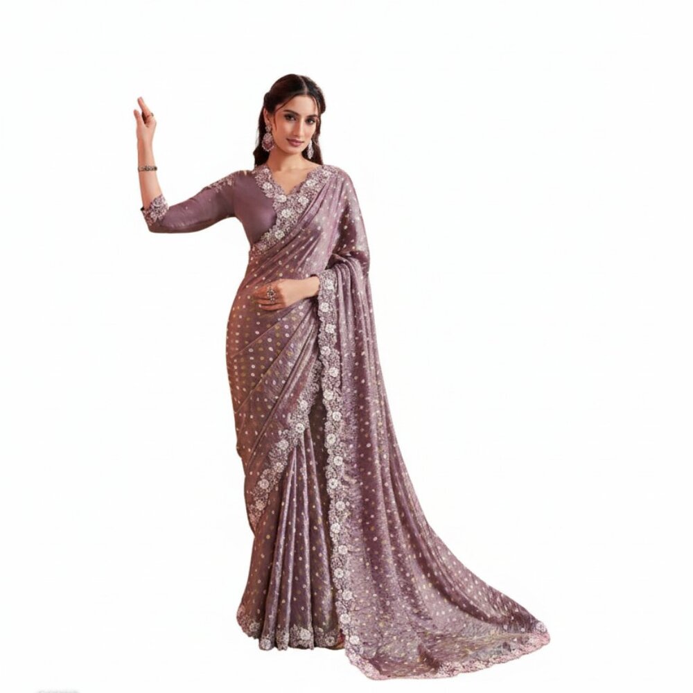 Exquisite Women's Embroidered Satin Silk Banarasi Saree